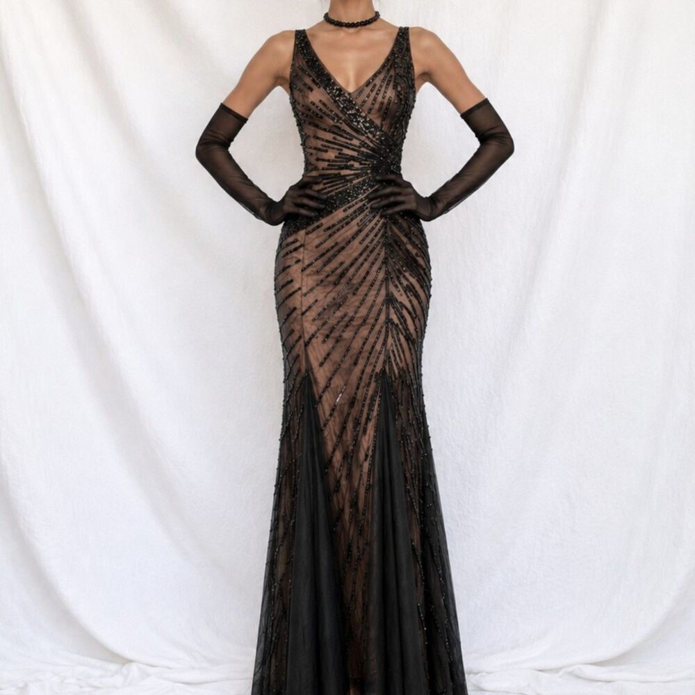 Vintage Y2K Brown Black Beaded Bodycon Fishtail Mesh Maxi Prom Dress Size XS/S
